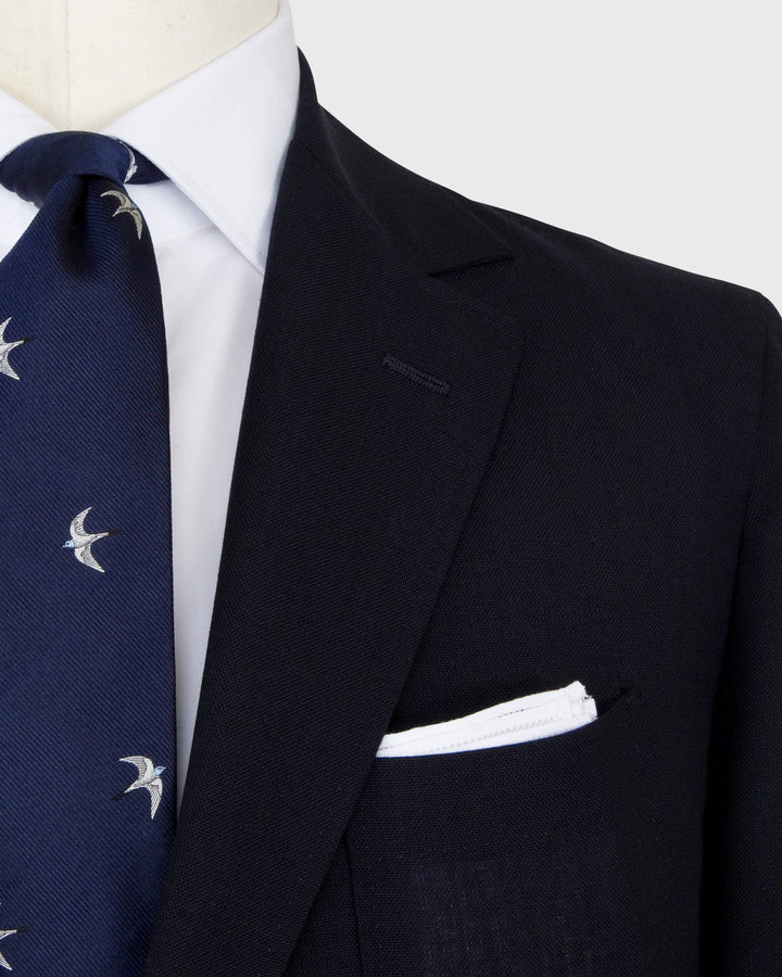 Lapel detail of the Sid Mashburn Navy High Twist Ghost Blazer