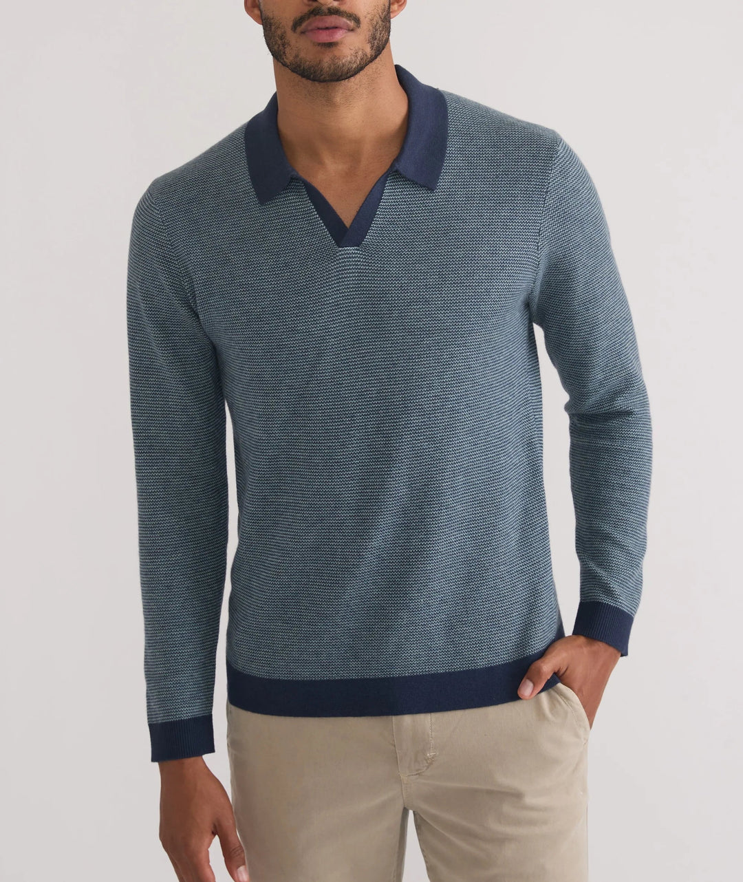 Marine Layer Liam Long Sleeve Sweater Polo Navy/Topaz MLLSP