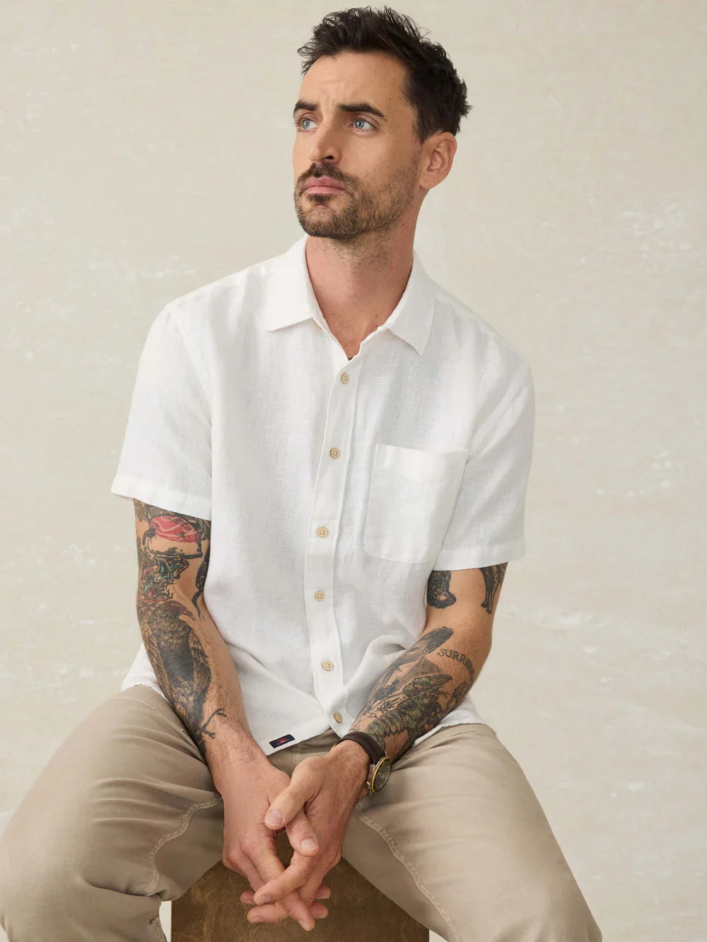 Faherty Short-Sleeve Palma Linen Shirt Bright White Basketweave MWS2515