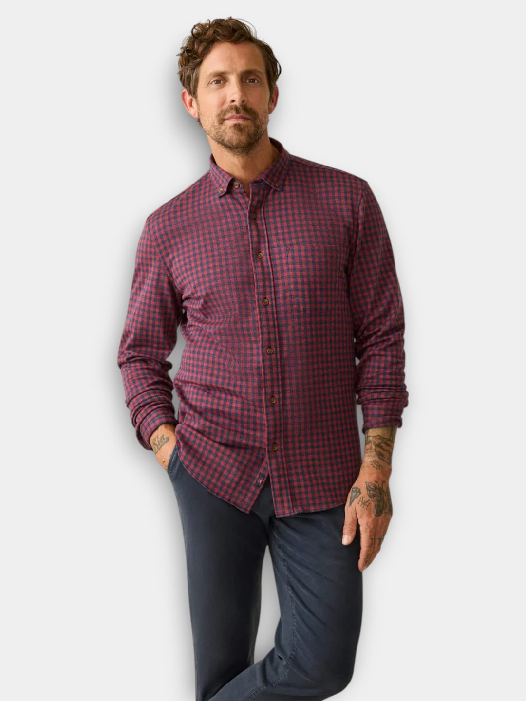 Faherty Coastline Knit Shirt | Navy Red Gingham