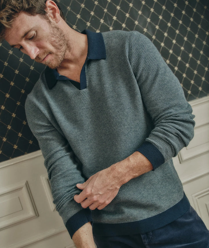 Marine Layer Liam Long Sleeve Sweater Polo Navy/Topaz MLLSP