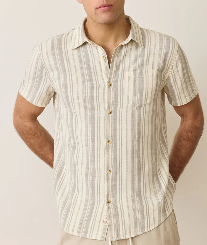 Marine Layer Stretch Selvage Short Sleeve Shirt Cream/Olive Stripe 3240104122079