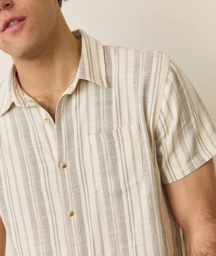Marine Layer Stretch Selvage Short Sleeve Shirt Cream/Olive Stripe 3240104122079