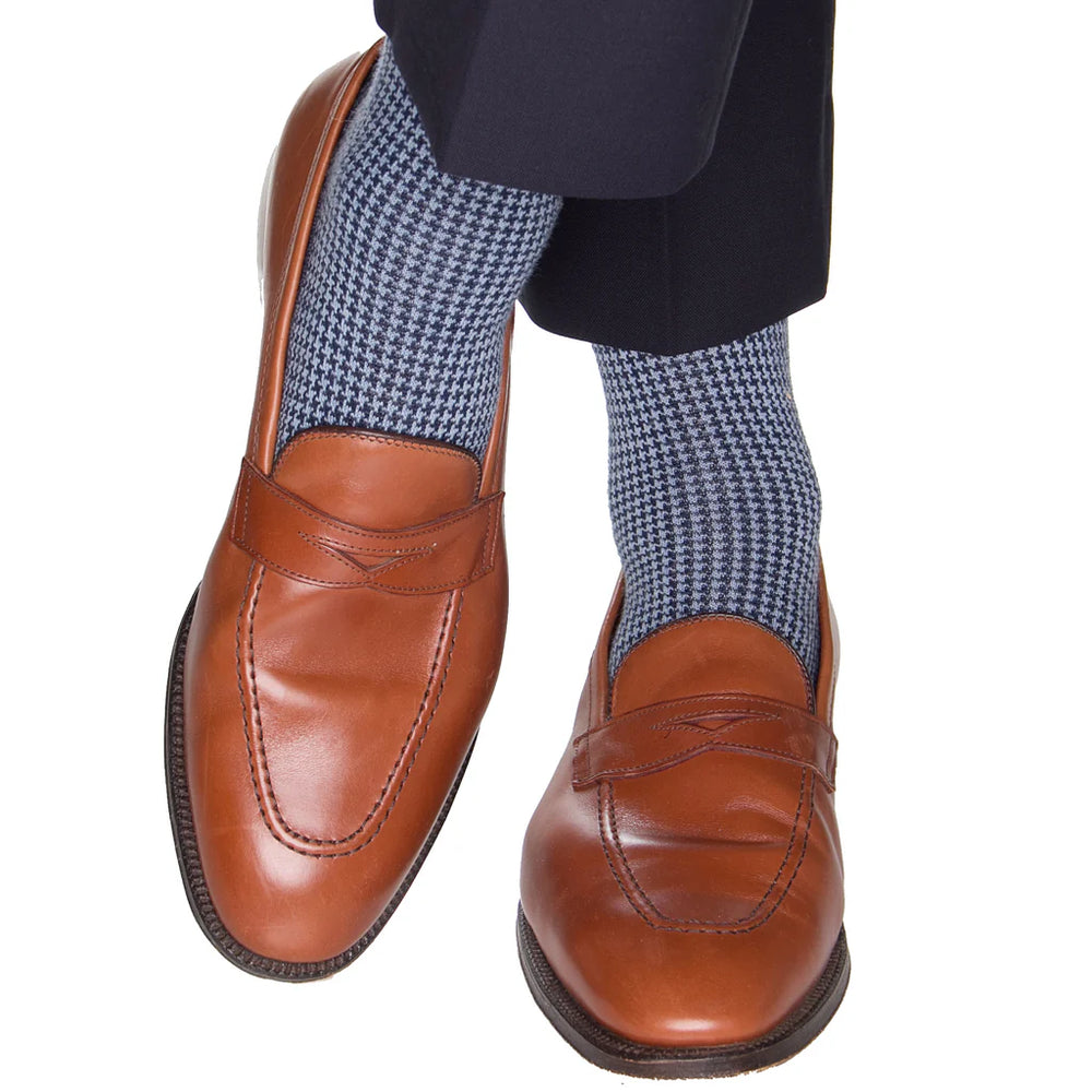 John Hyatt Houndstooth Merino Dress Sock | Navy & Sky