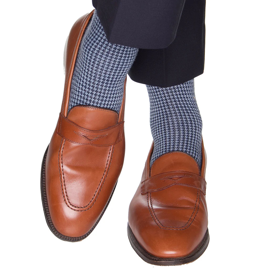 John Hyatt Houndstooth Merino Dress Sock | Navy & Sky