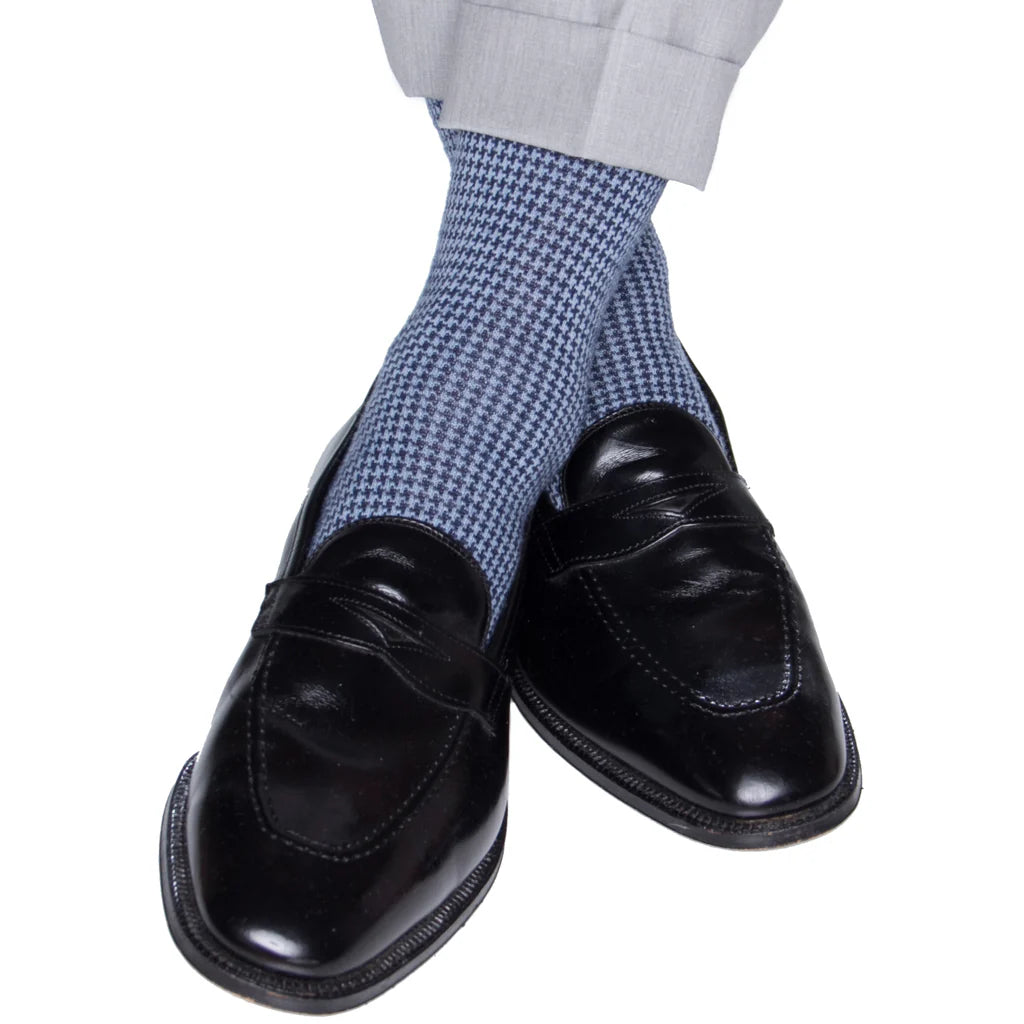 John Hyatt Houndstooth Merino Dress Sock | Navy & Sky